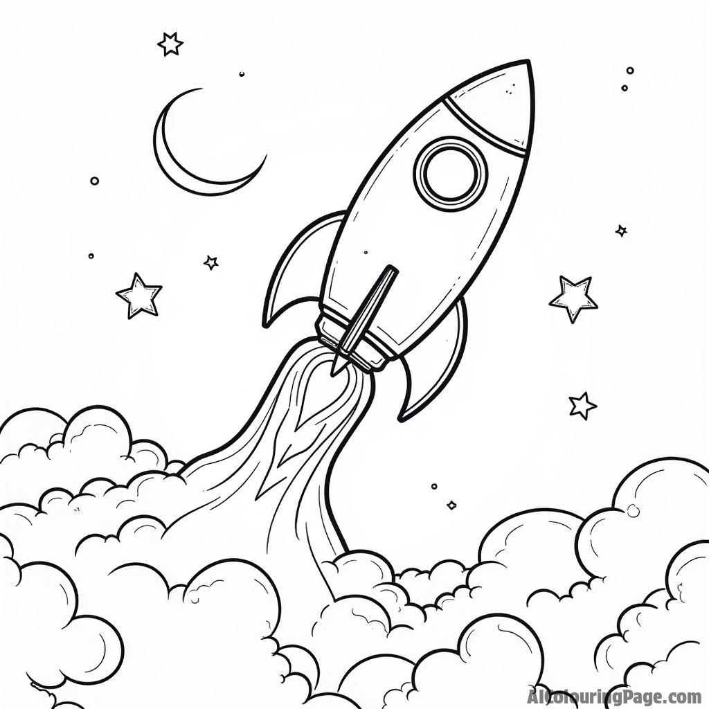 A rocket ship launching into space above a planet with swirling clouds, dotted with three playful stars.