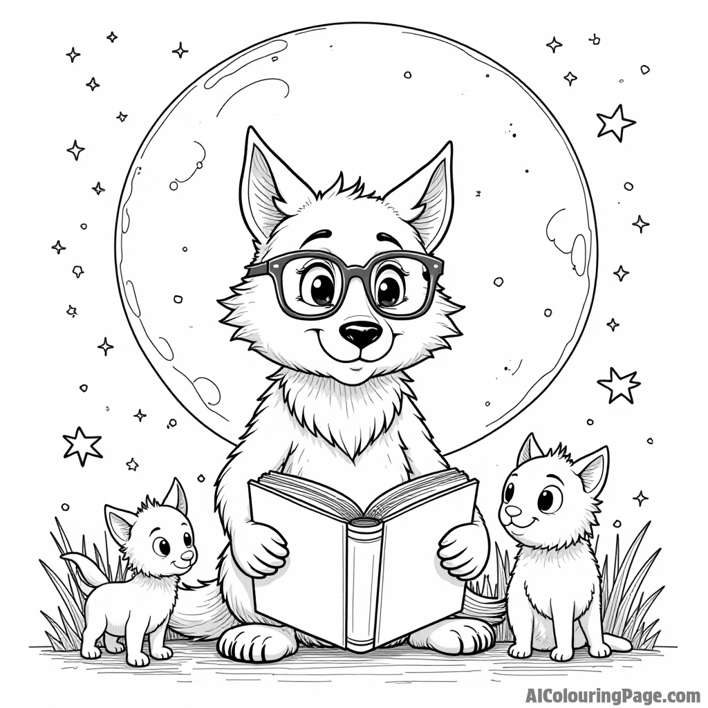 A friendly werewolf wearing glasses reading a book under a full moon surrounded by stars and magical creatures.