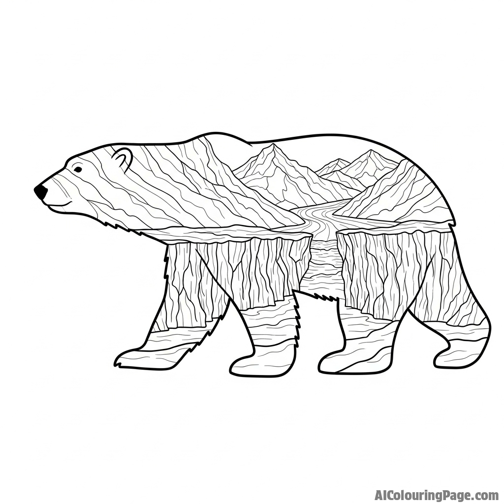 A double exposure merging a polar bear's silhouette with a landscape of glaciers.
