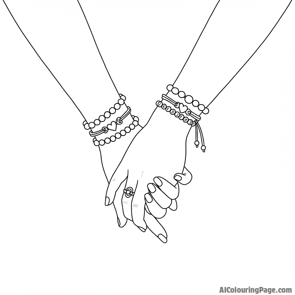 A close friendship portrayed through intertwined hands holding matching bracelets.