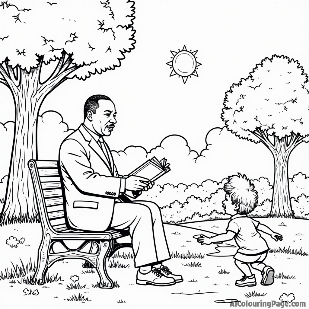 A serene park scene featuring Martin Luther King Jr. sitting on a bench, reading a book on peace, with children playing nearby and a sun shining brightly above, outlined for coloring.