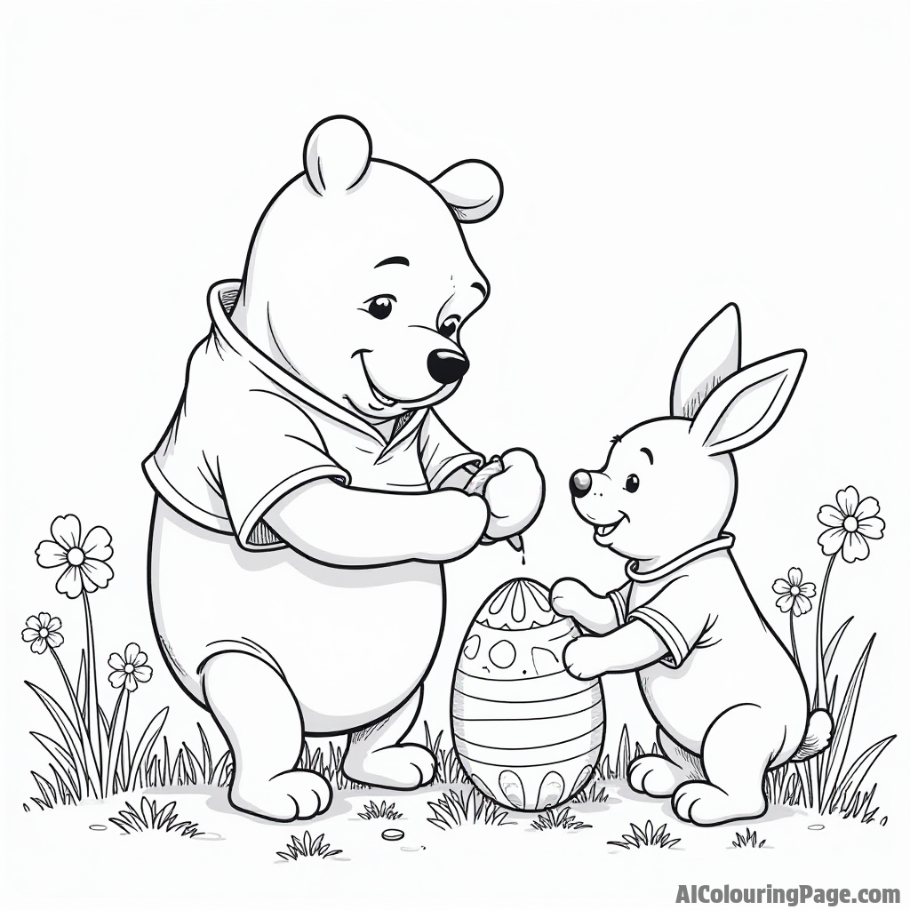 Winnie the Pooh painting Easter eggs, with Piglet and Rabbit decorating them, surrounded by colorful flowers and grass.