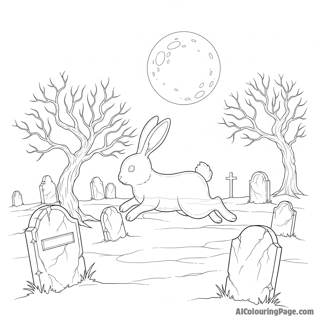 A ghostly, translucent bunny hopping through a moonlit, ancient cemetery.