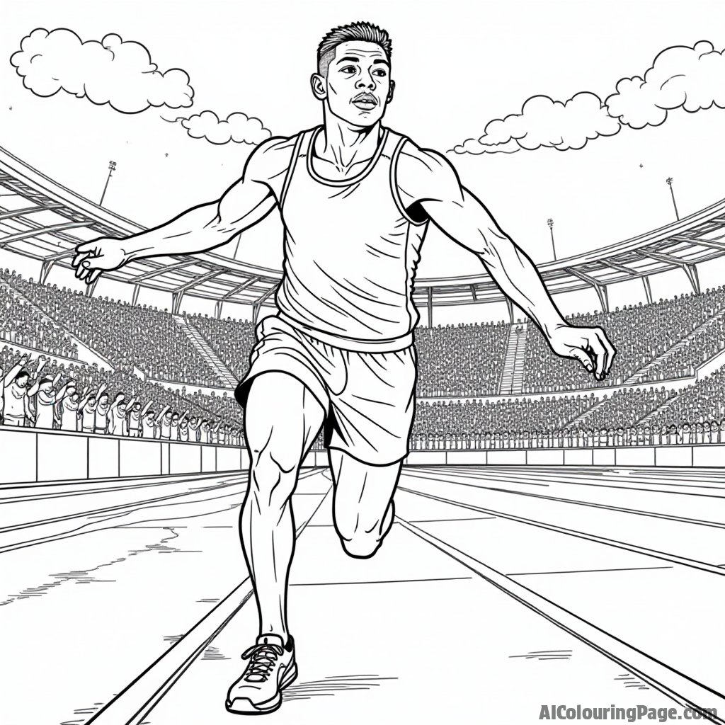 A black athlete breaking records on a track field, with cheering fans in the background, illustrating determination and achievement, perfect for a black and white coloring page.