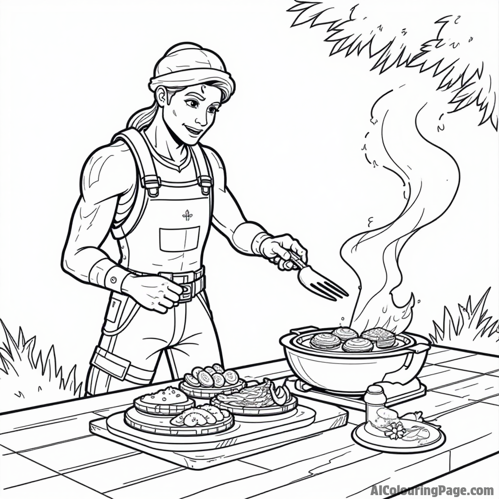 A Fortnite character cooking at a barbecue with delicious food and a picnic table set up for kids to color