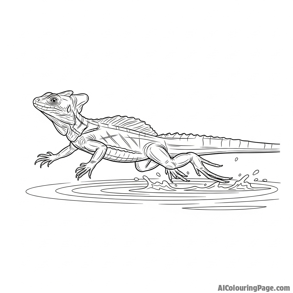 A high-speed photograph of a basilisk lizard running across the surface of water.