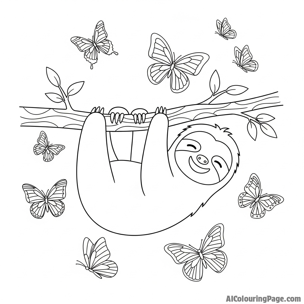 A joyful sloth surrounded by a flutter of butterflies.