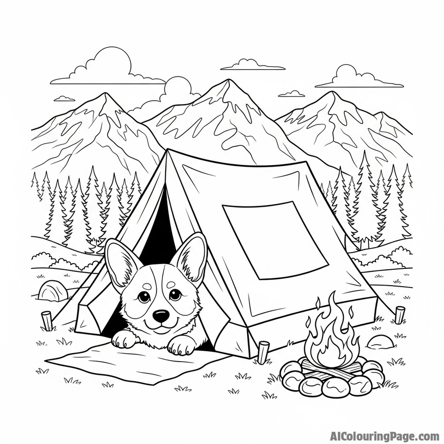 A corgi peeking its head out of a cozy tent in a mountain landscape.