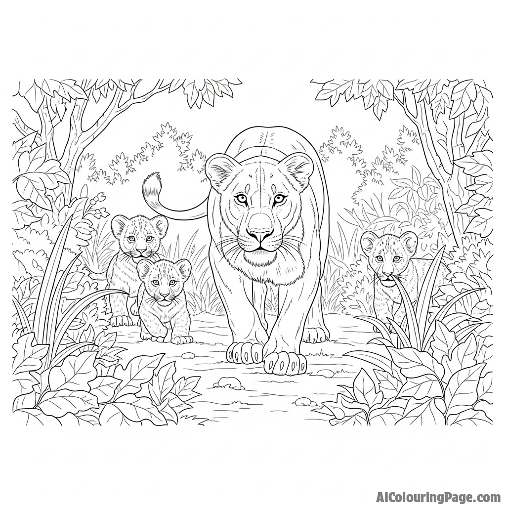 A lioness patiently teaching her cubs the art of stalking in the underbrush.