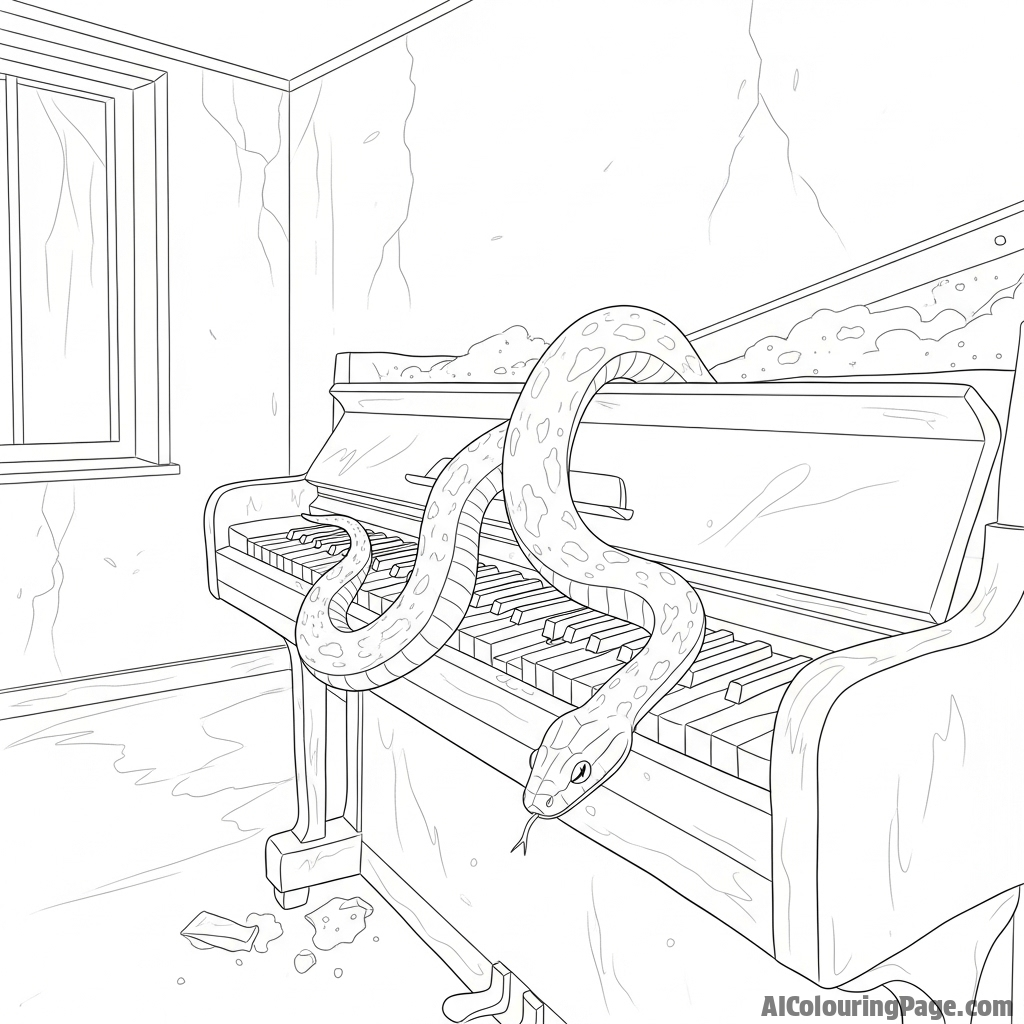 A snake navigating the keys of an old, forgotten piano in a dusty, abandoned room.