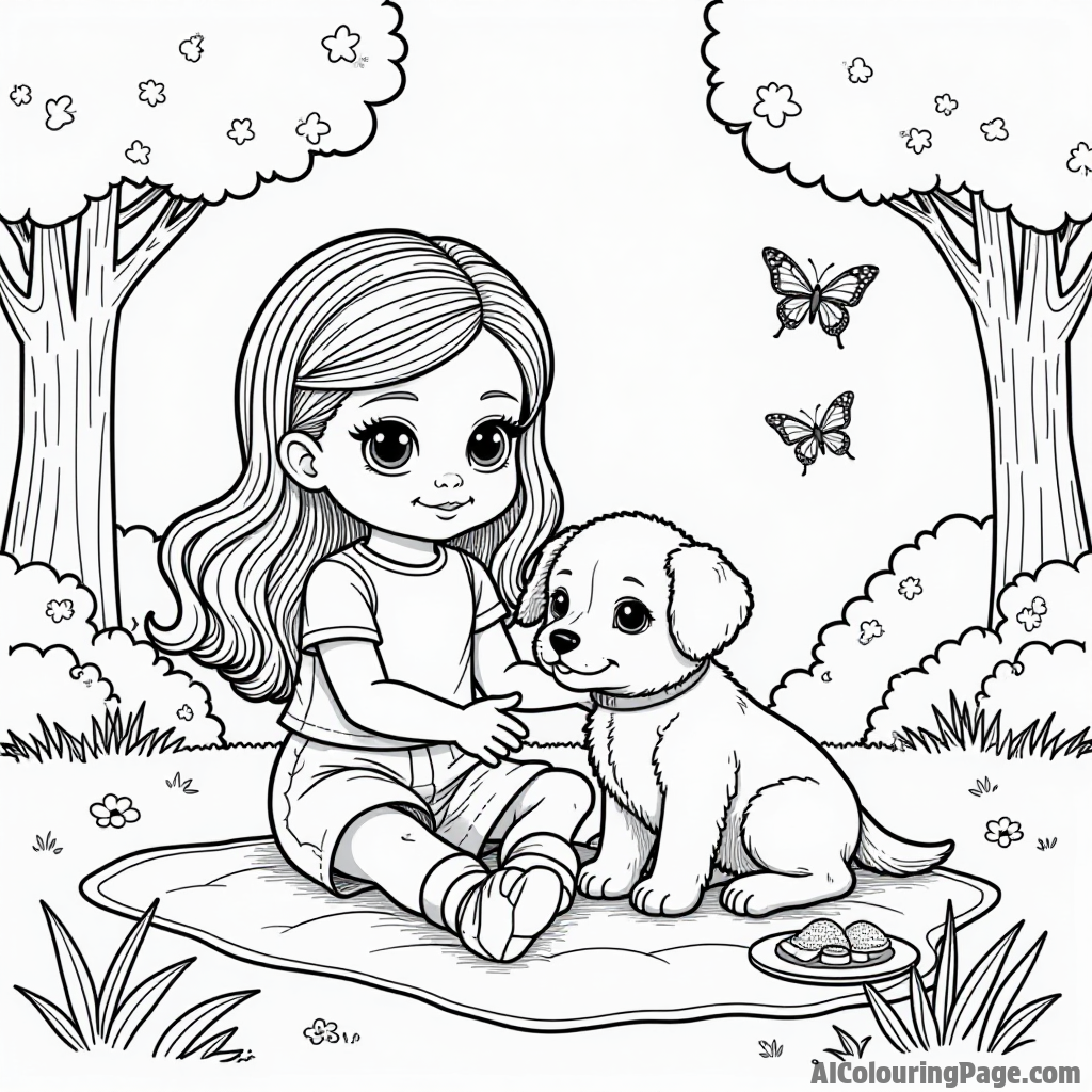 A doll with a pet puppy playing in a sunny park, surrounded by trees, butterflies, and a picnic blanket with snacks.