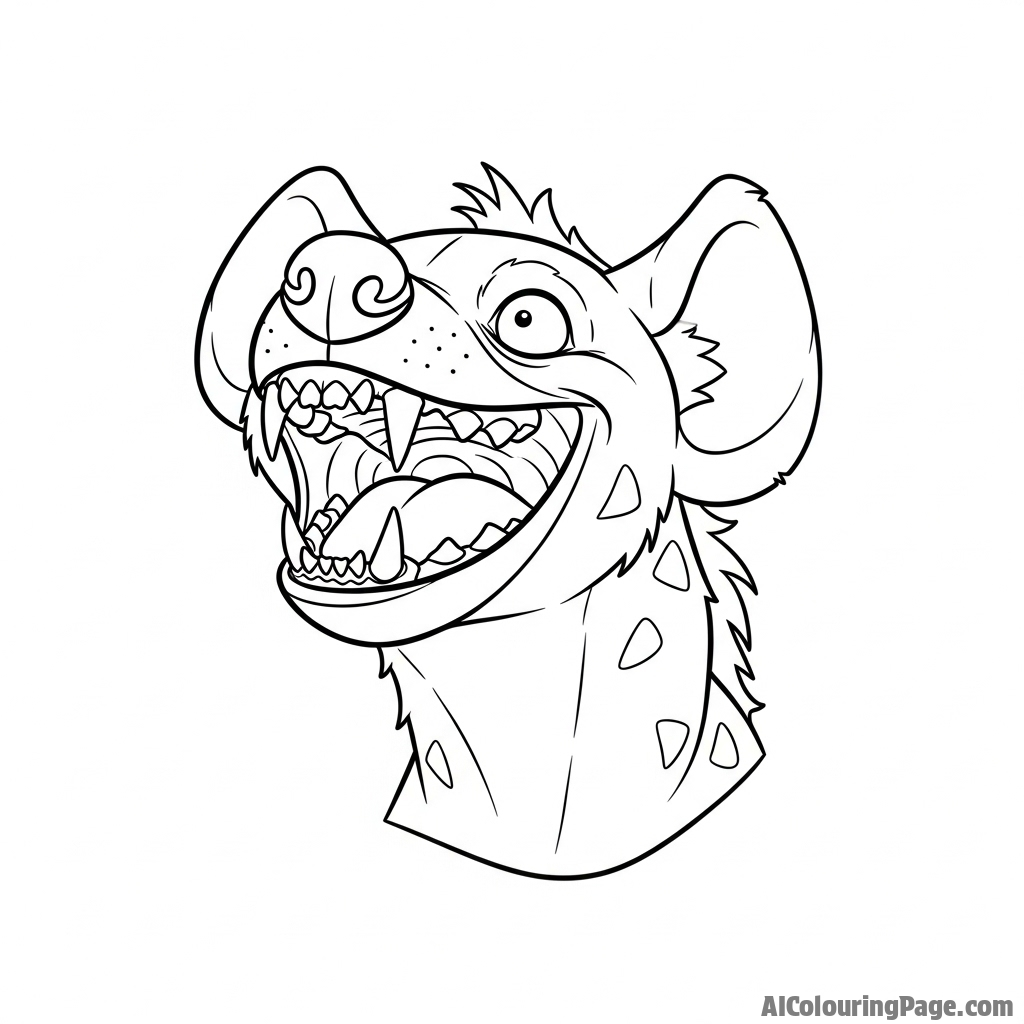 A hyena with a chilling, toothy grin, caught in a moment of laughter-like sound