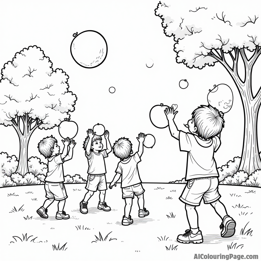 A group of children playing a game of catch with oversized apples in a sunny park setting.