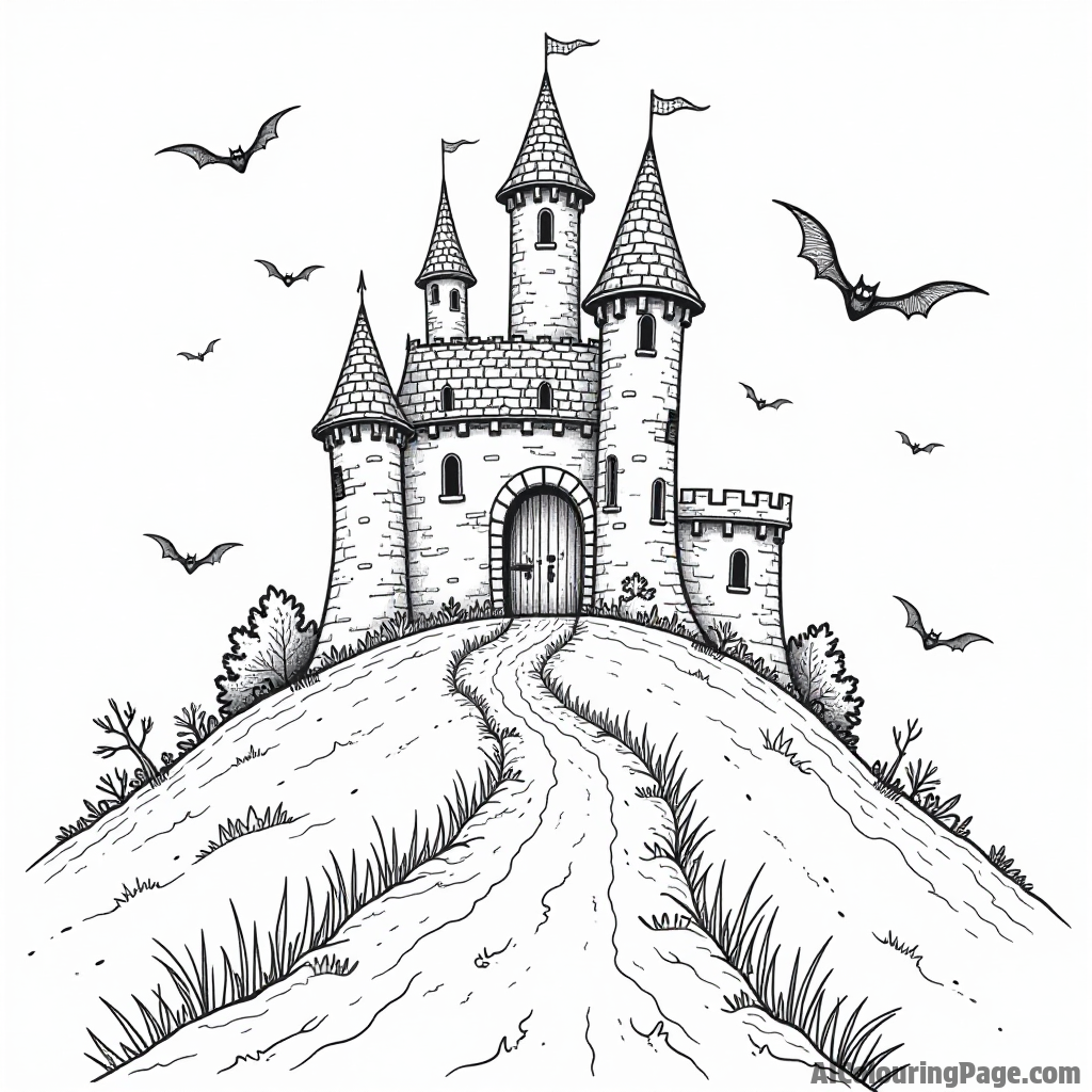 A spooky castle on a hill with bats flying around and a path leading up to the creaky front gate.