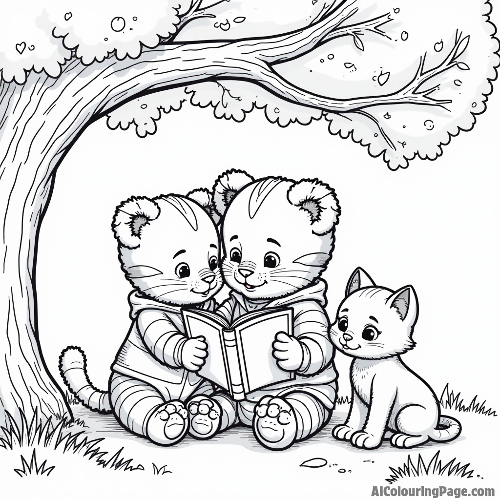 Daniel Tiger reading a storybook under a big tree with his friends Tigee and Katerina Kittycat nearby, enjoying the moment.