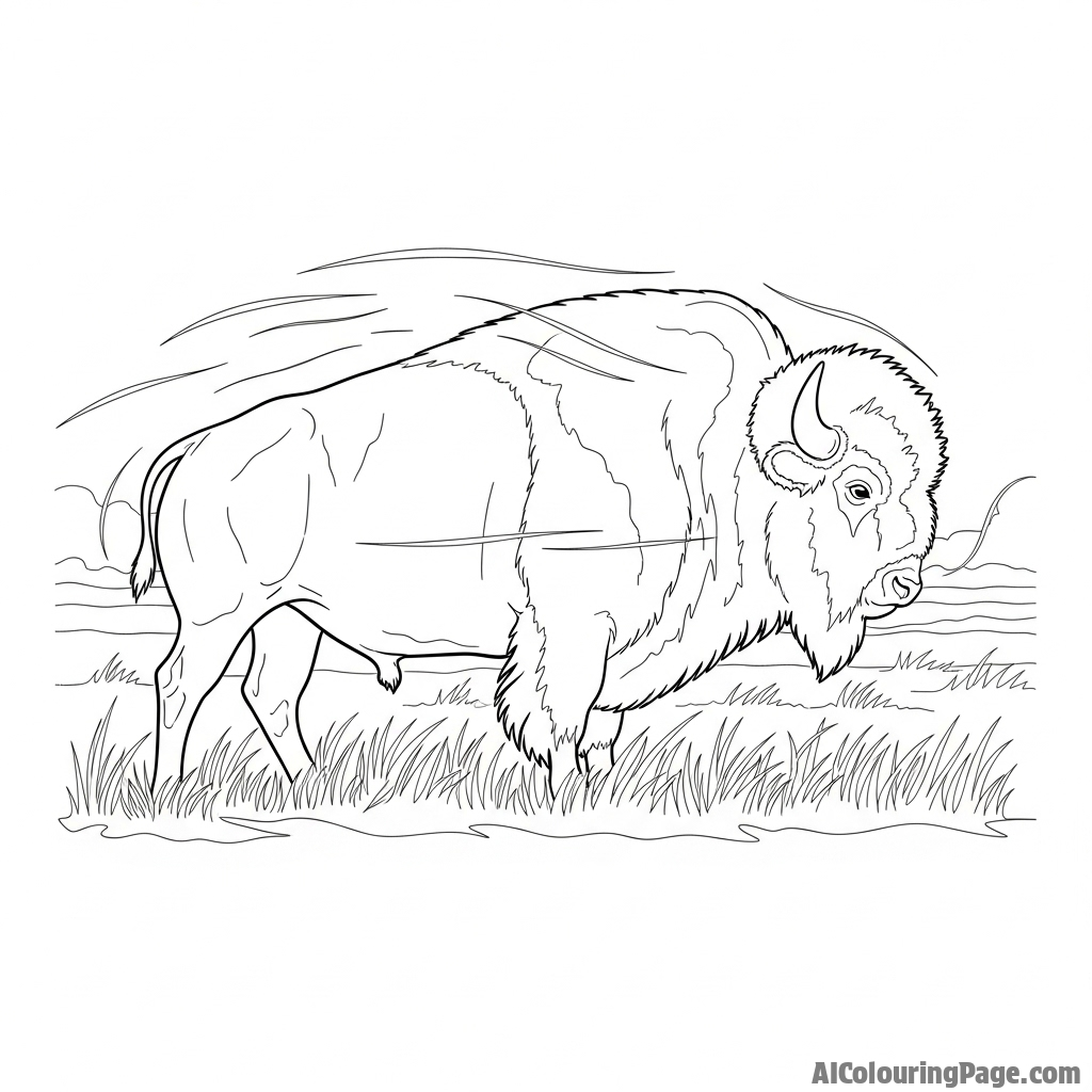 A powerful bison standing stoically against a fierce prairie wind