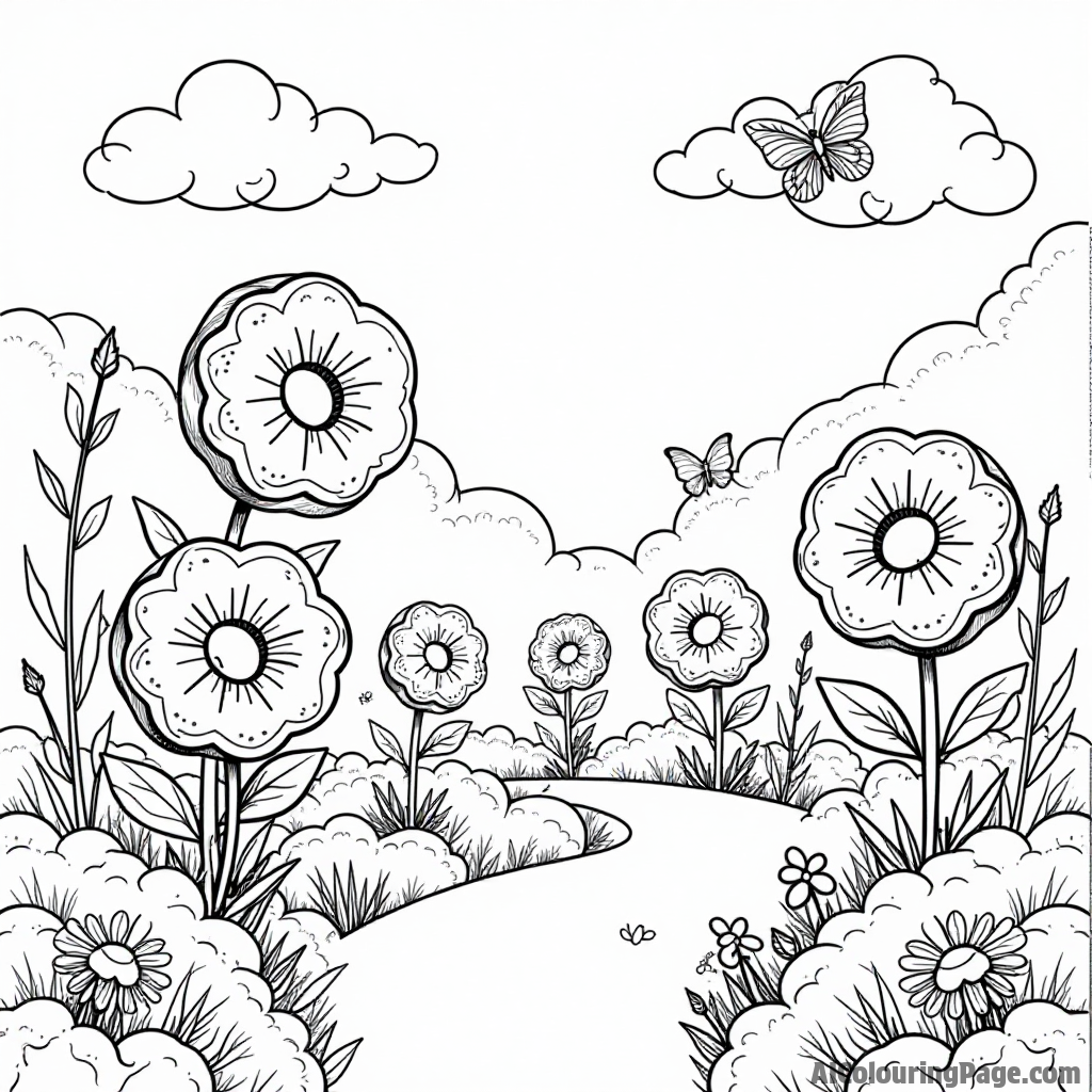 A whimsical garden filled with flower-shaped donuts growing on bushes, butterflies fluttering around in a sunny setting.