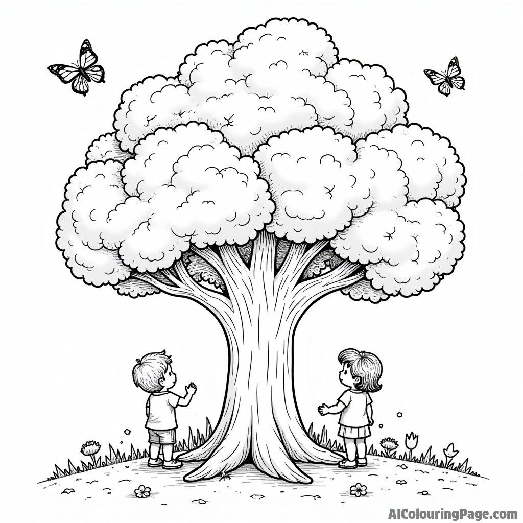 A whimsical broccoli tree in a sunny park, with children playing under its branches and butterflies fluttering around.