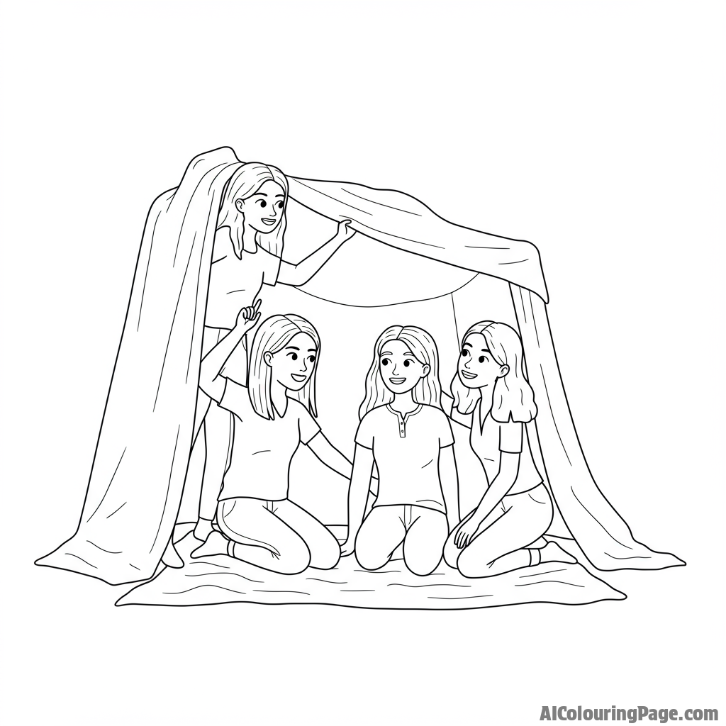 Female friends building a fort indoors, playful and nostalgic atmosphere.