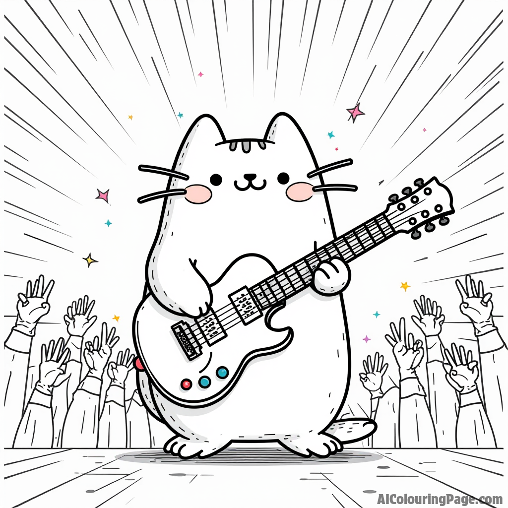 Pusheen as a rock star performing on stage with a guitar, colorful lights flashing, and fans cheering excitedly