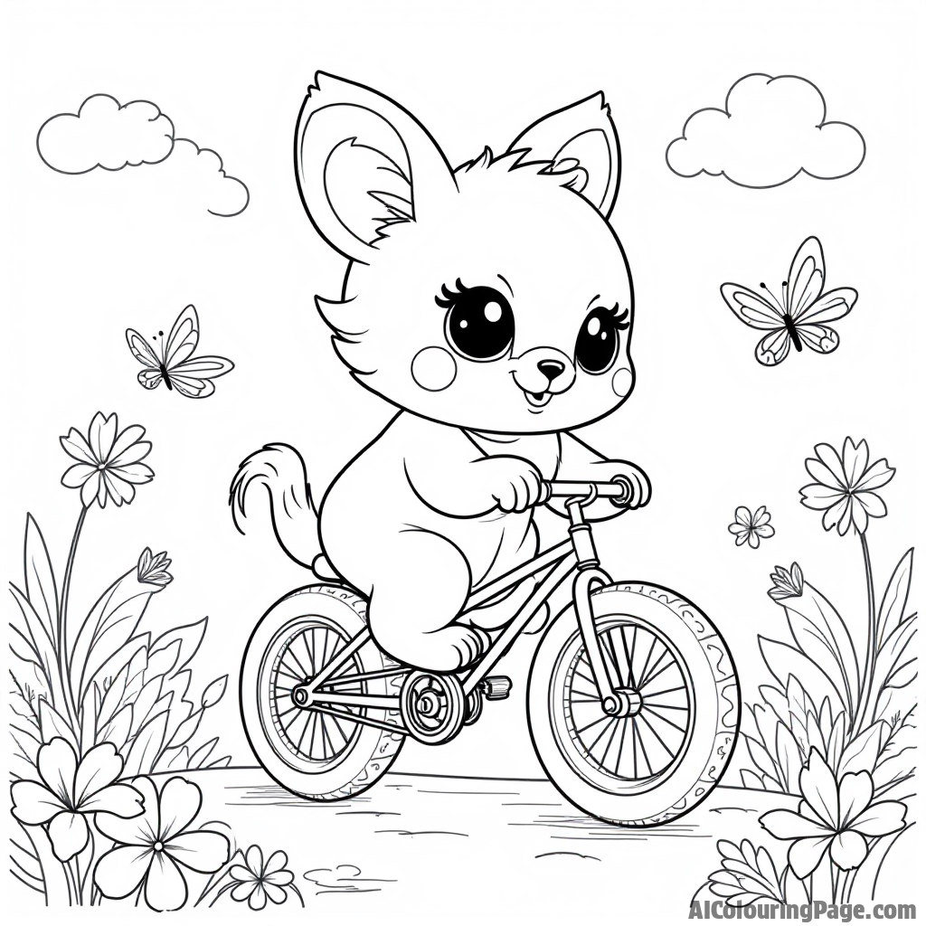 A Hatchimal riding a bicycle through a whimsical landscape filled with flowers and butterflies, inspiring kids to add their imagination with colors in this Toys and Games Coloring Pages theme.