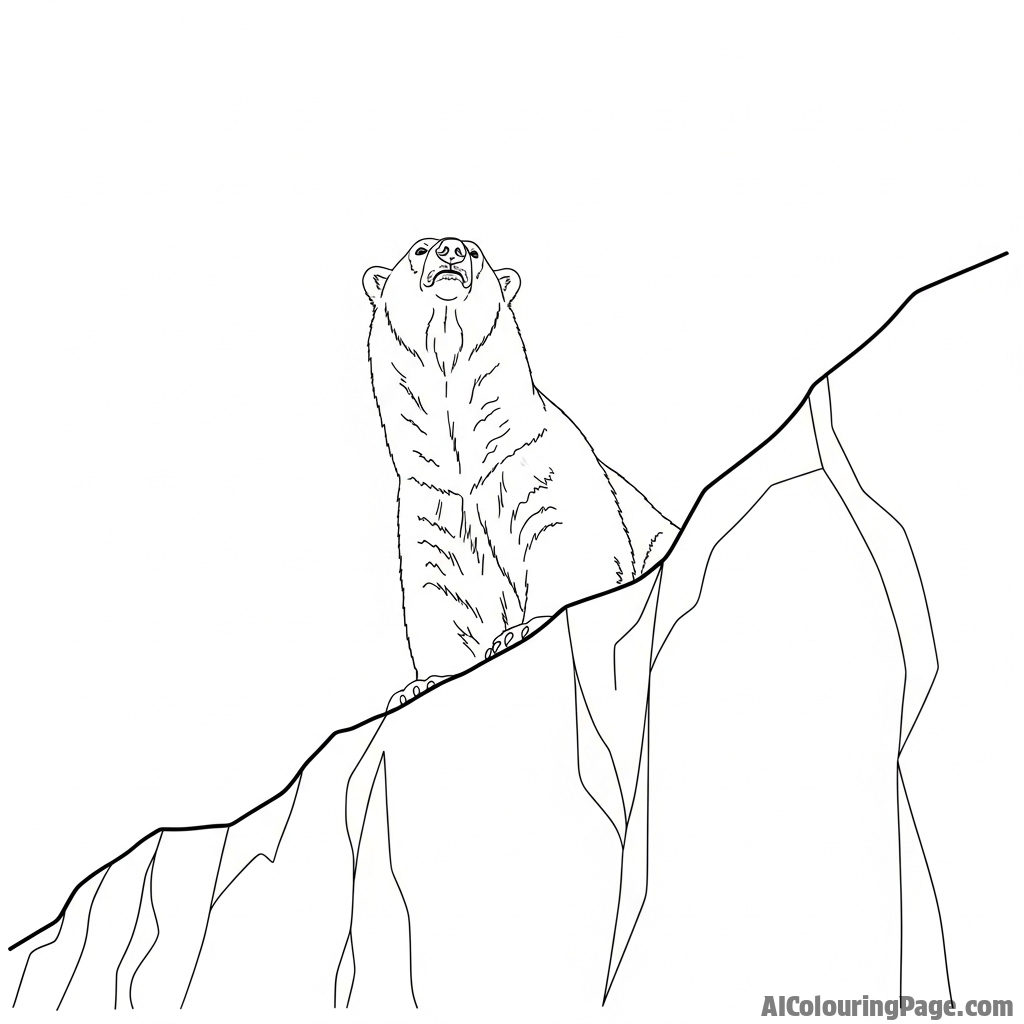 A low-angle shot looking up at a formidable polar bear on a high ice ridge.