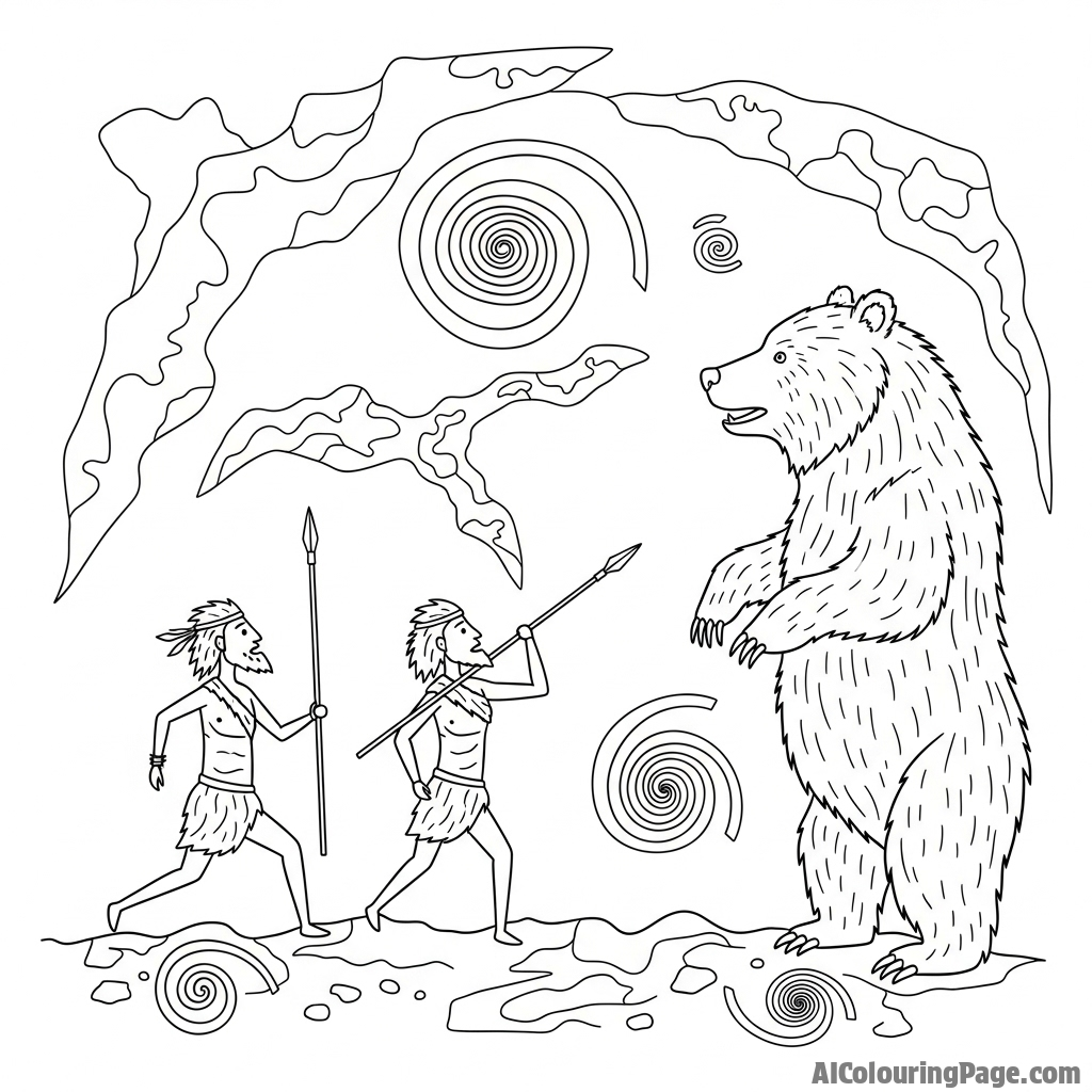 A cave painting depicting ancient hunters and a large bear.