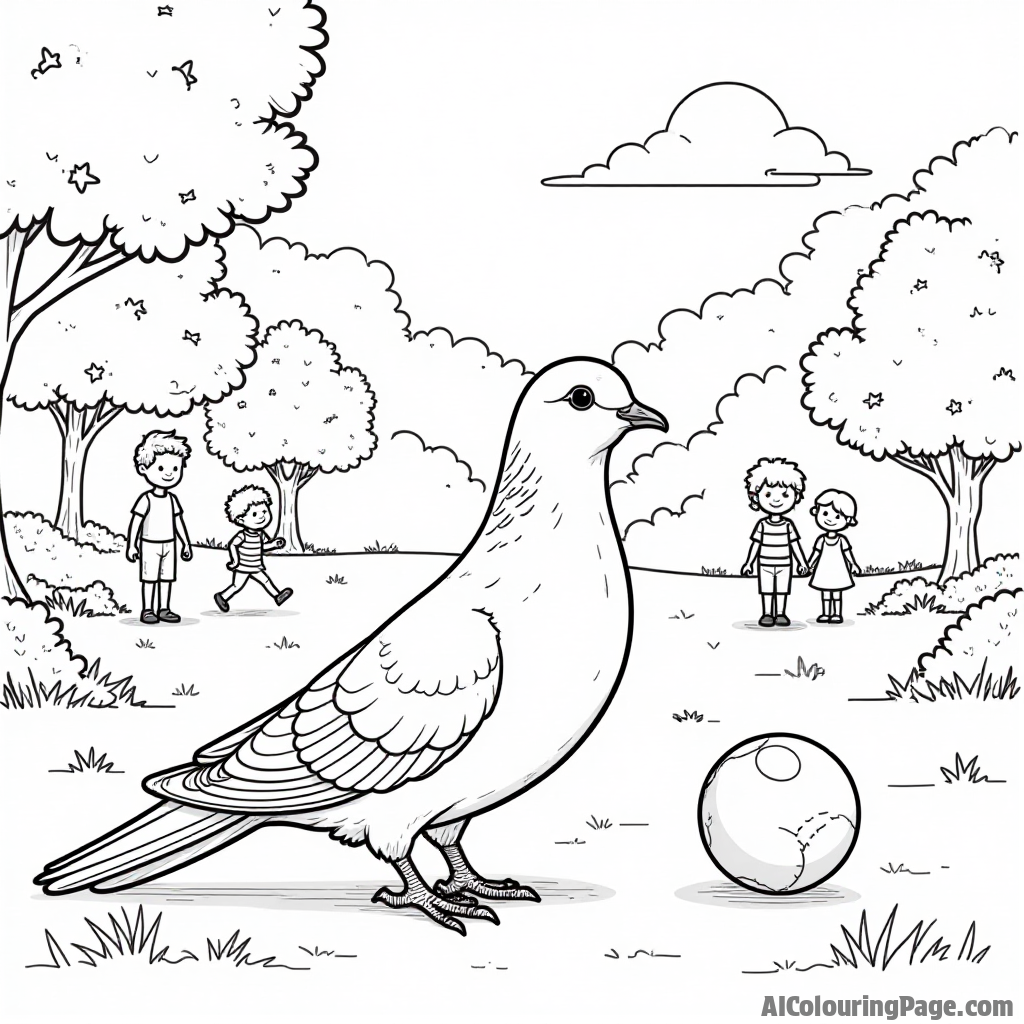 A dove playing with a ball in a sunny park, with trees and children playing in the background for coloring.