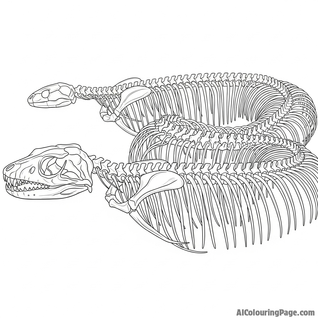A snake’s skeleton, perfectly preserved and articulated, displayed in a museum setting.