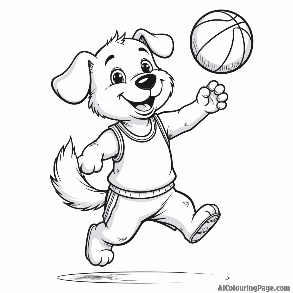 A friendly cartoon dog wearing a basketball jersey, jumping to catch a basketball in mid-air, with a colorful hoop and ball on the side, great for a sports-themed coloring page.