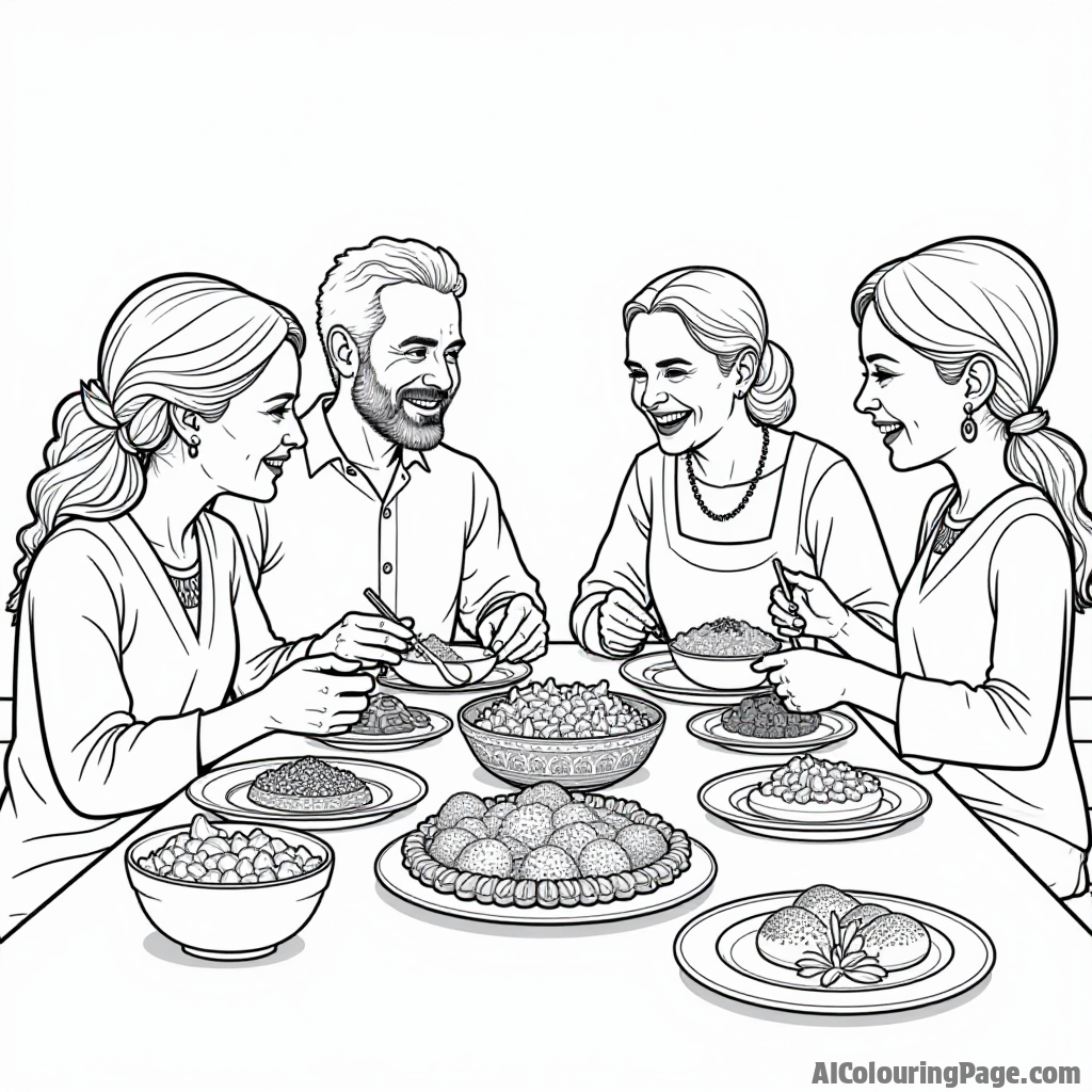 A family gathering around a table celebrating a traditional meal, with diverse dishes and laughter, emphasizing culture and togetherness, designed for a black and white coloring activity.