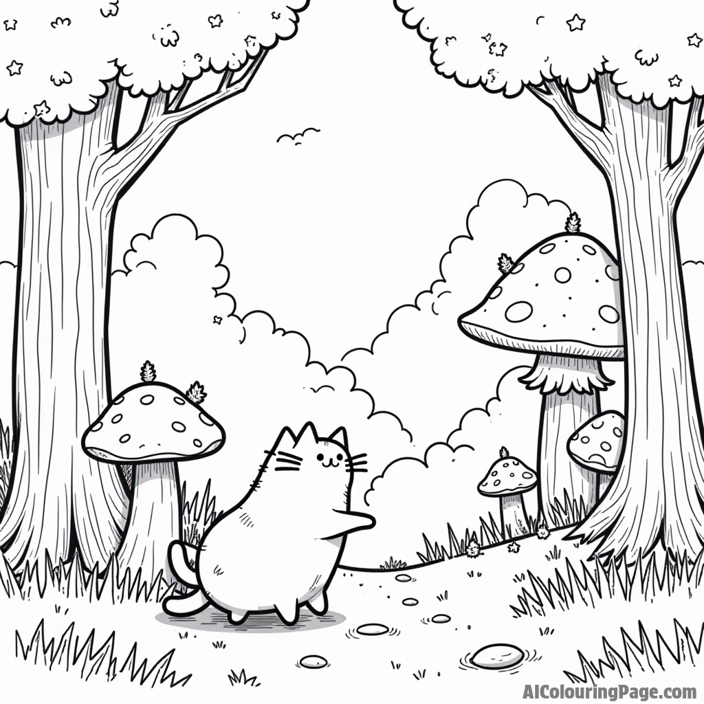 Pusheen exploring a magical forest with giant mushrooms and friendly woodland animals peeking out from behind the trees