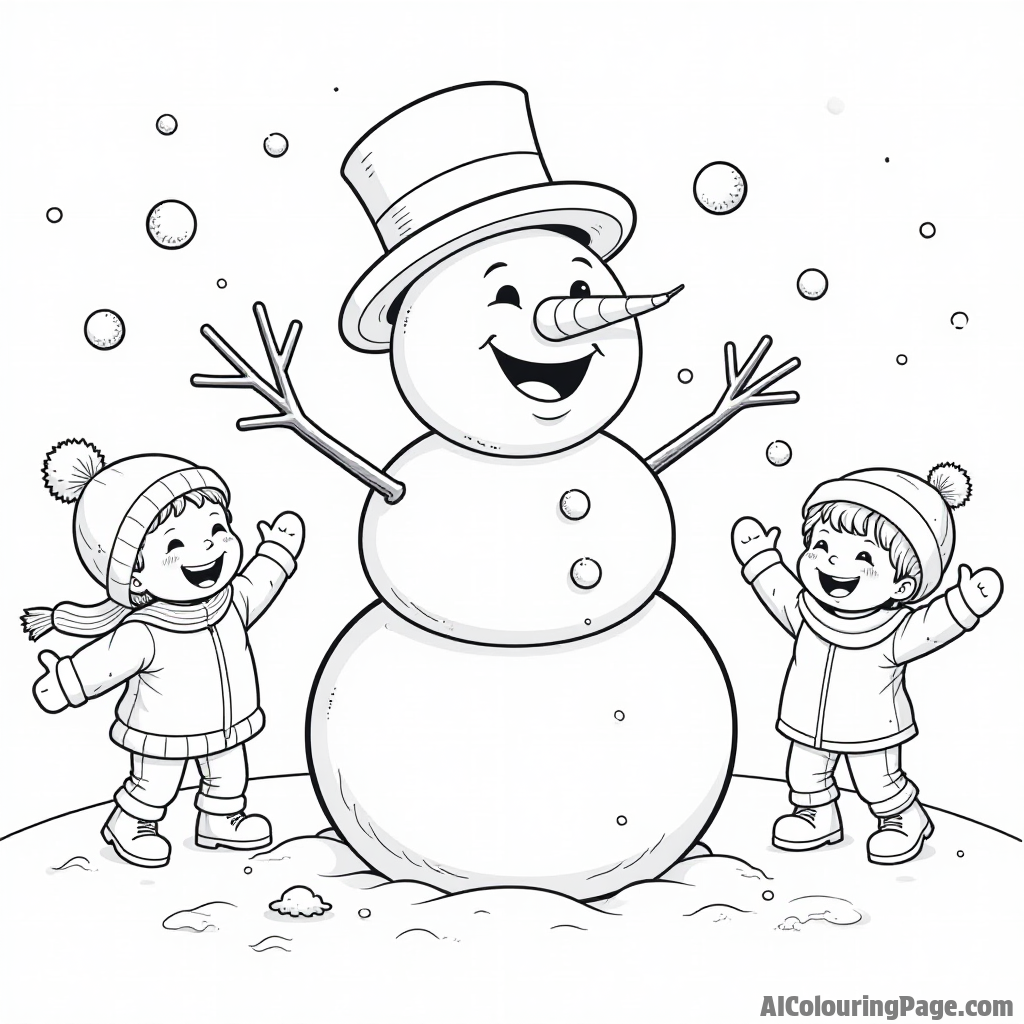 A happy snowman with a carrot nose and a top hat, surrounded by children laughing and throwing snowballs nearby.