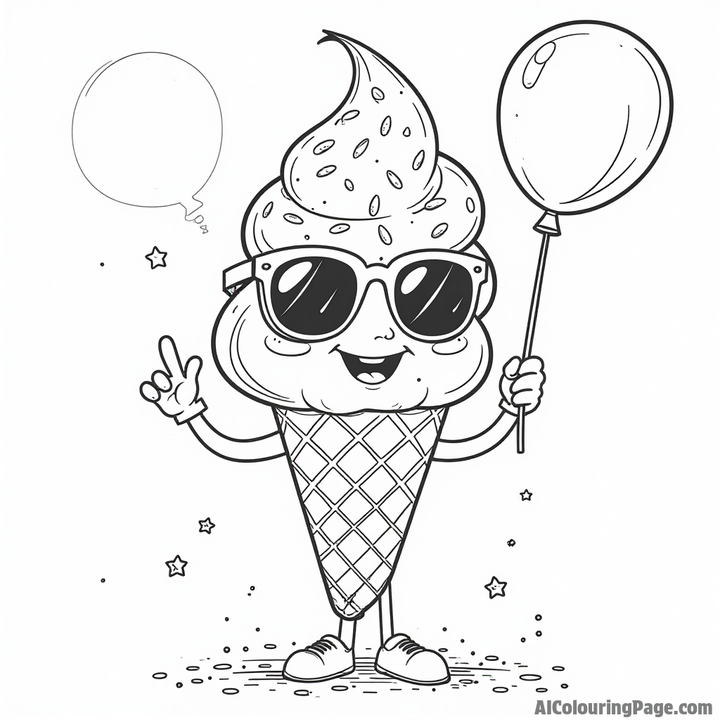 A cheerful ice cream cone character wearing sunglasses, holding a balloon, surrounded by sprinkles and colorful toppings on a sunny day