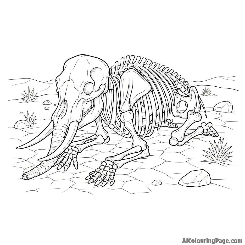The massive skeleton of an elephant resting in an arid desert.
