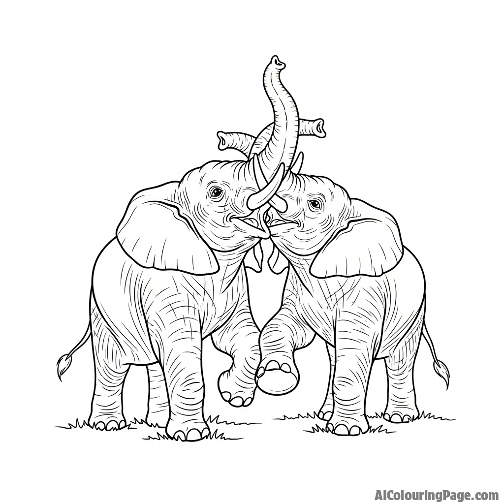 Two young elephants playfully wrestling, their trunks intertwined.