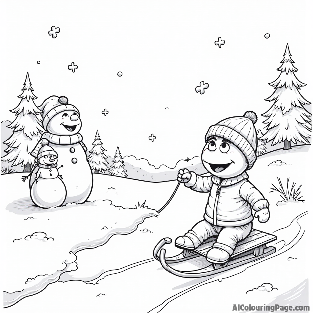 A Muppet baby exploring a snowy landscape, with snowmen, snowflakes falling, and a sled waiting for a fun ride.