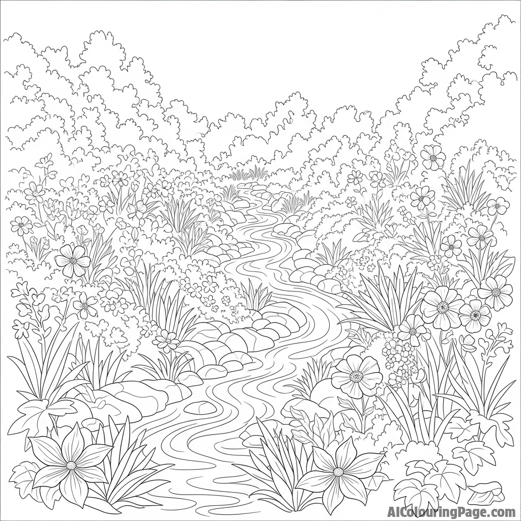 A stream flowing through a lush, overgrown garden.