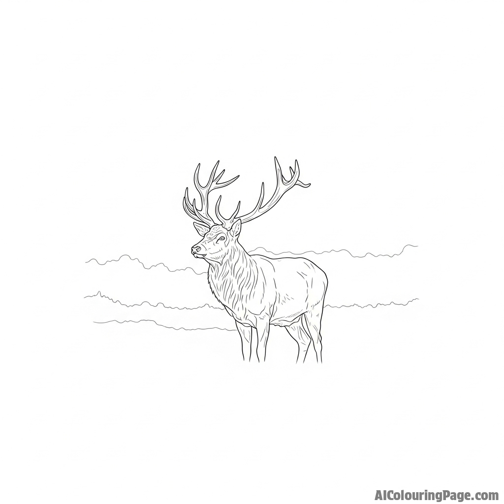 A majestic stag with enormous antlers, silhouetted against a misty morning sky