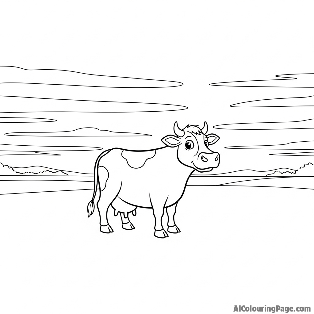 A lonely cow in a vast, empty field under a somber, overcast sky.