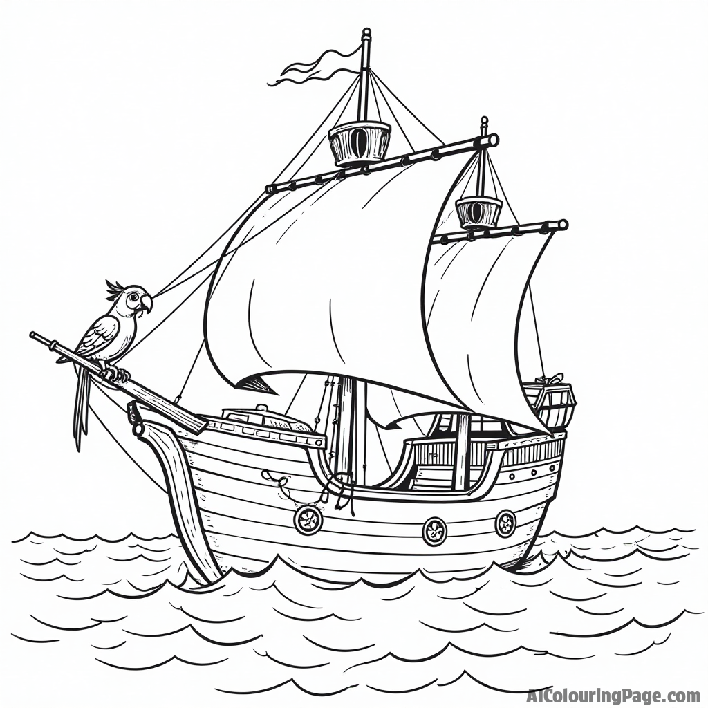 A pirate ship sailing through the ocean waves, with a parrot perched on the mast and treasure spilling over the sides, inviting children to color this adventurous scene.