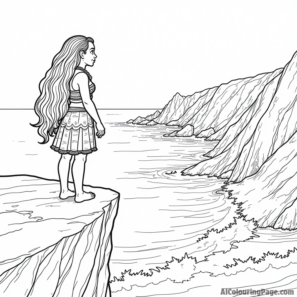 Moana standing on a cliff edge looking out at the ocean waves crashing against the rocks in the distance.