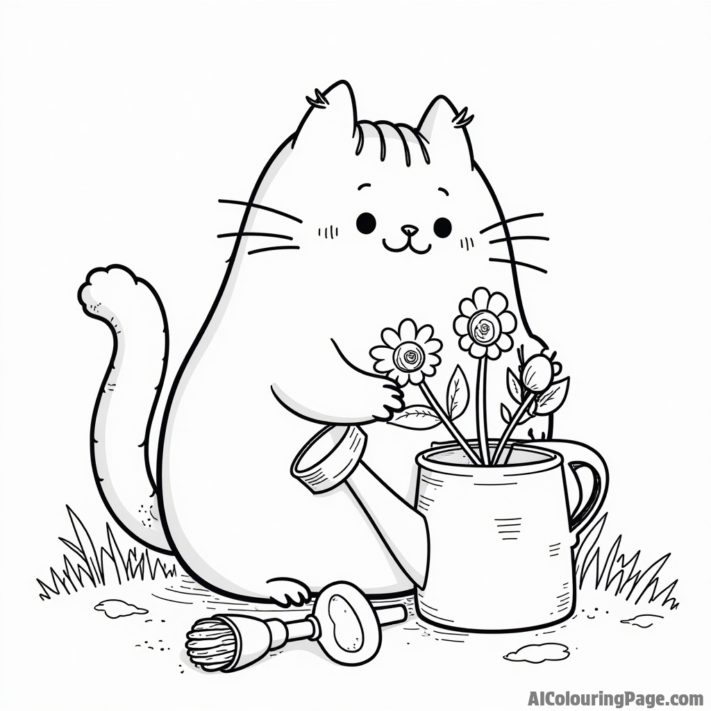 Pusheen as a gardener planting flowers in a pot with gardening tools and watering can beside it happily