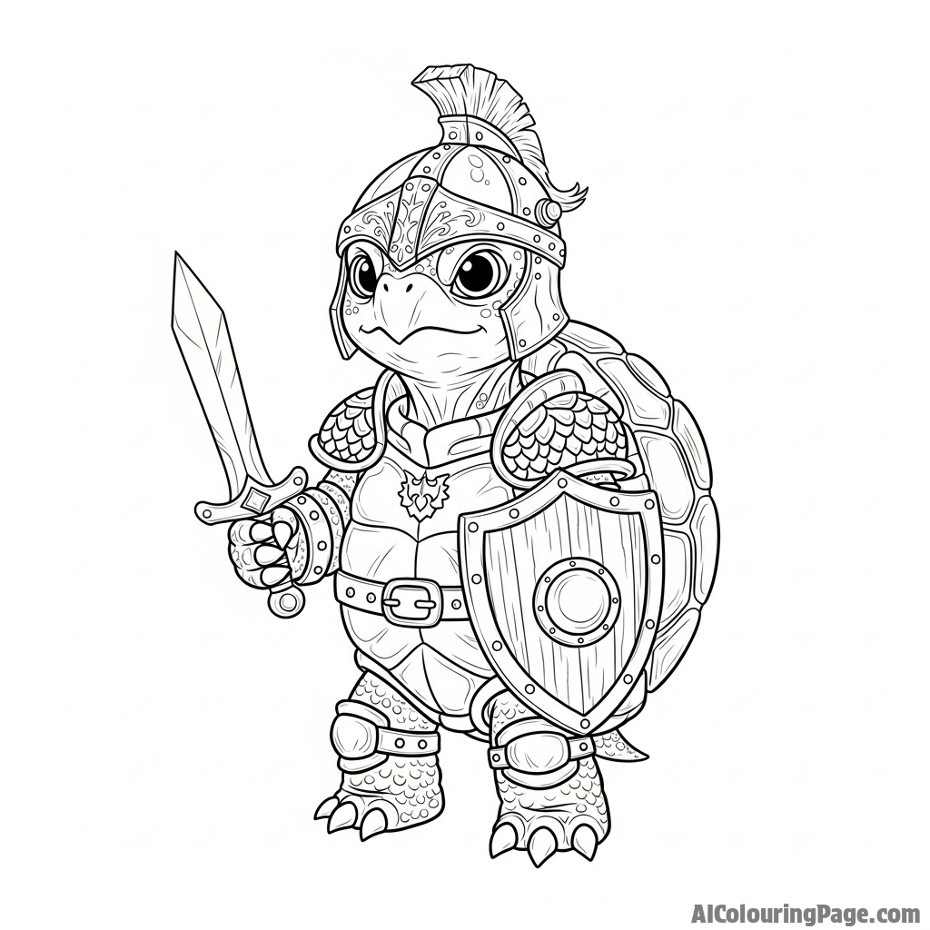 A turtle as a character in a fantasy epic, wearing tiny armor.