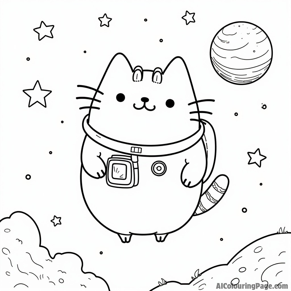 Pusheen in a space suit floating in outer space with stars and a planet in the background looking curious