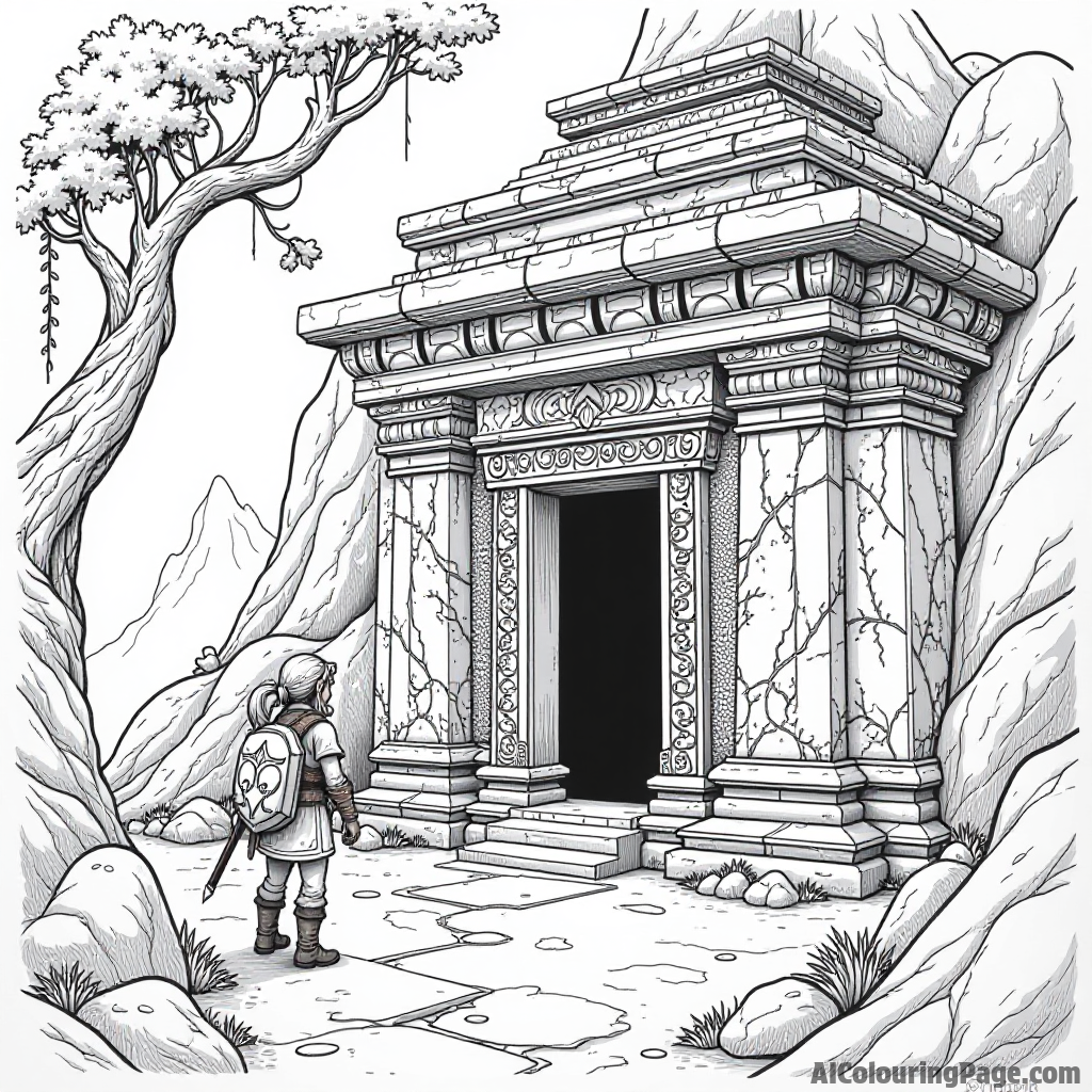 An ancient temple with intricate carvings, vines growing over it, and Link cautiously exploring the mysterious entrance