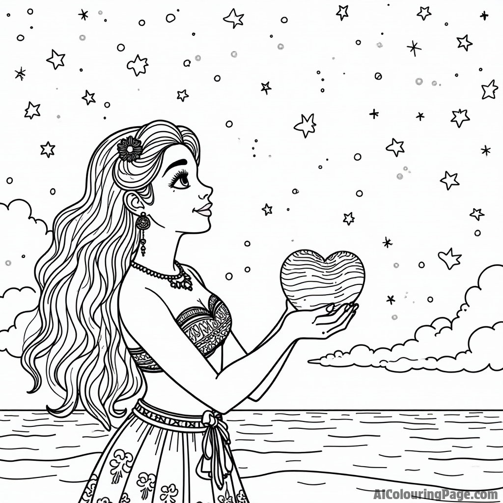 Moana looking at a beautiful starry sky while holding the Heart of Te Fiti in her hands, full of wonder.