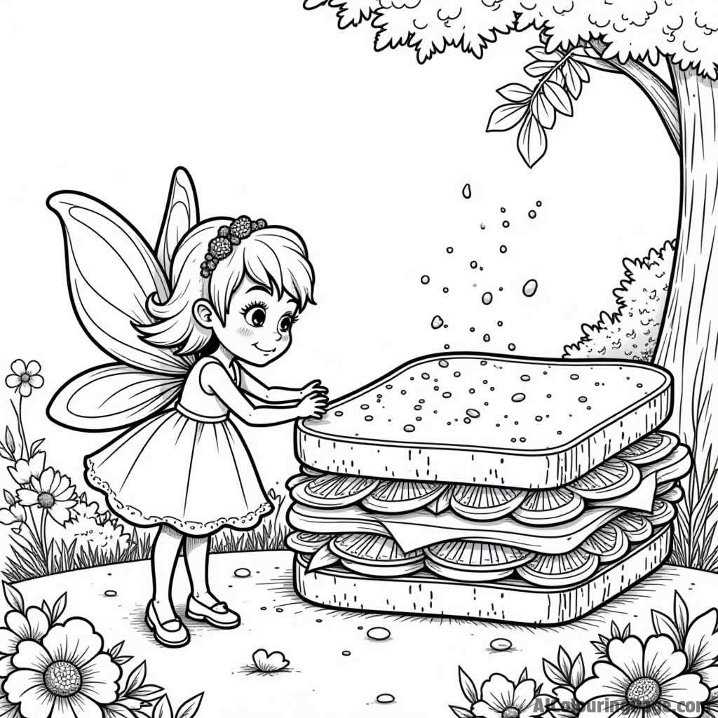 A cute sandwich fairy sprinkling magic seasoning on a giant sandwich in a lush garden filled with flowers.