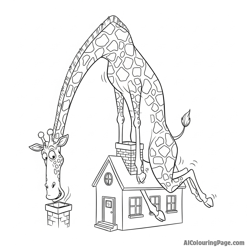 A humorous cartoon of a giraffe trying to fit inside a tiny house.