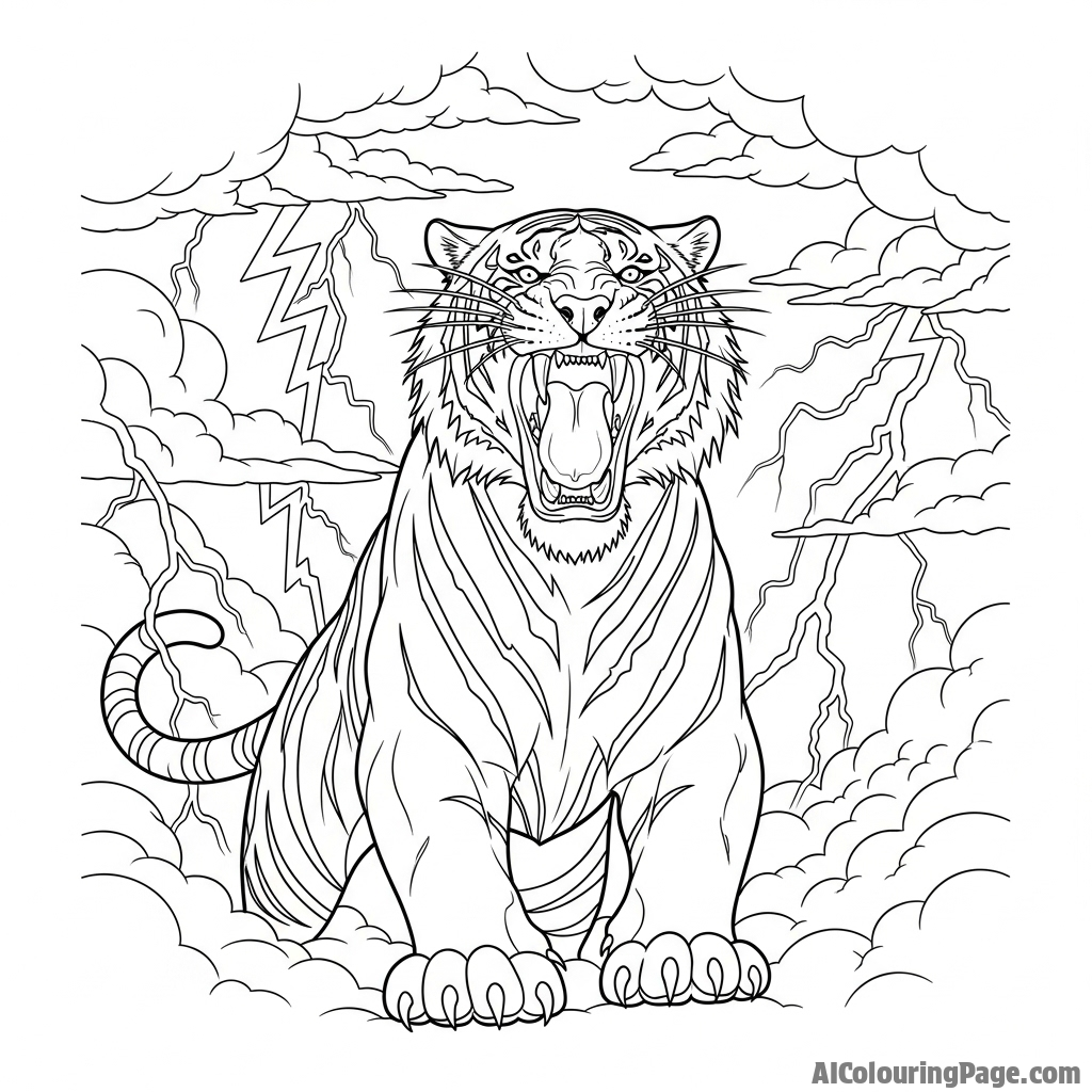 The powerful silhouette of a roaring tiger against a stormy sky.